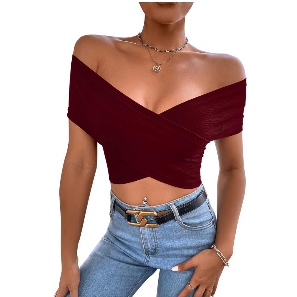 Zaful Red Ribbed Off The Shoulder Sexy Crop Top